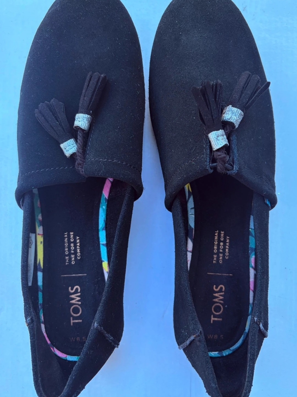 Toms Black Suede Tassel Loafers with Floral Lining 8.5